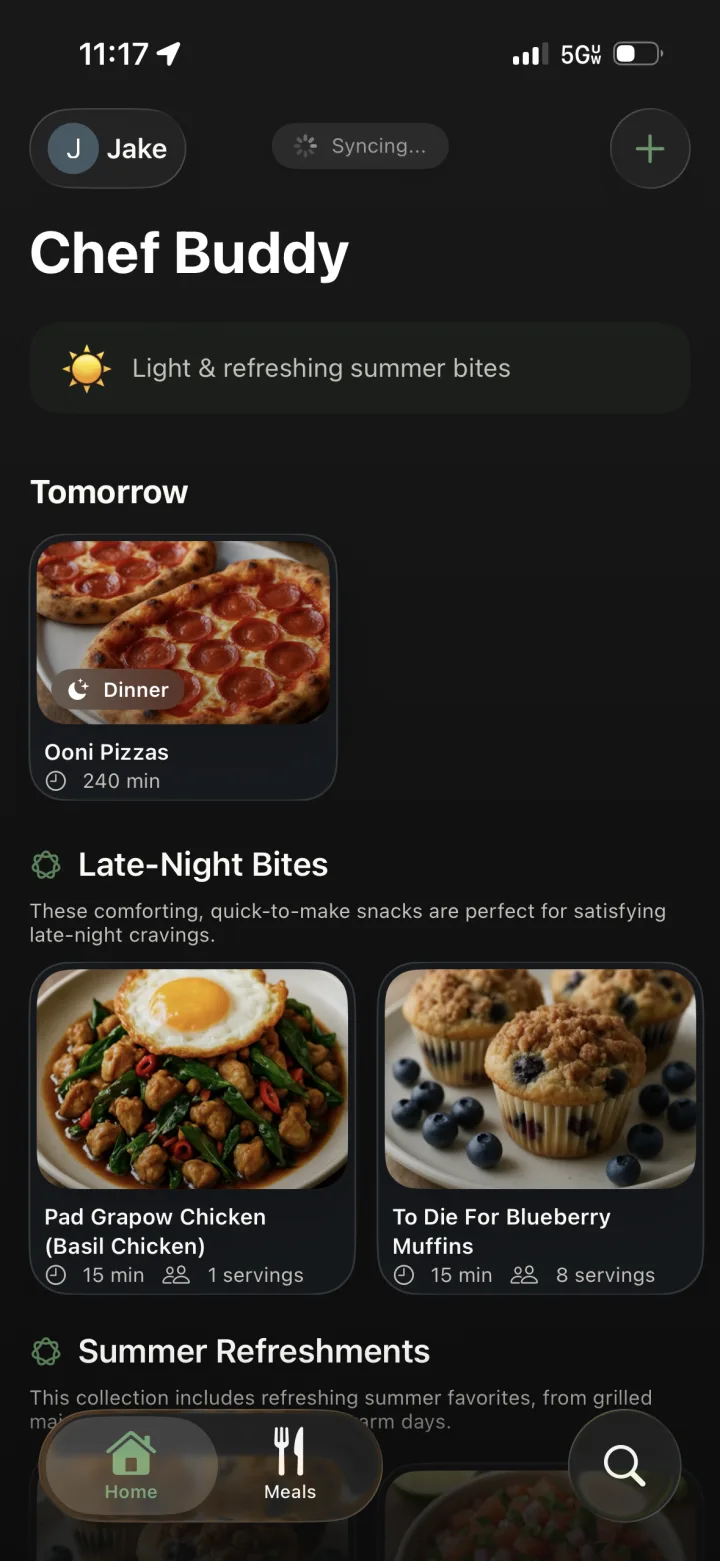ChefBuddy home screen showing a planned dinner and personalized recipe collections.